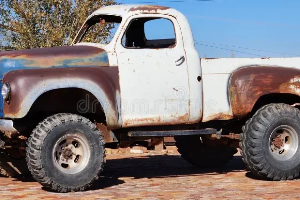 un-vieux-camionnette-d-échassier-camion-de-débroussaillage-au-texas-blanc-avec-patte-rouille-et-patine-assis-sur-grandes-roues-298766631